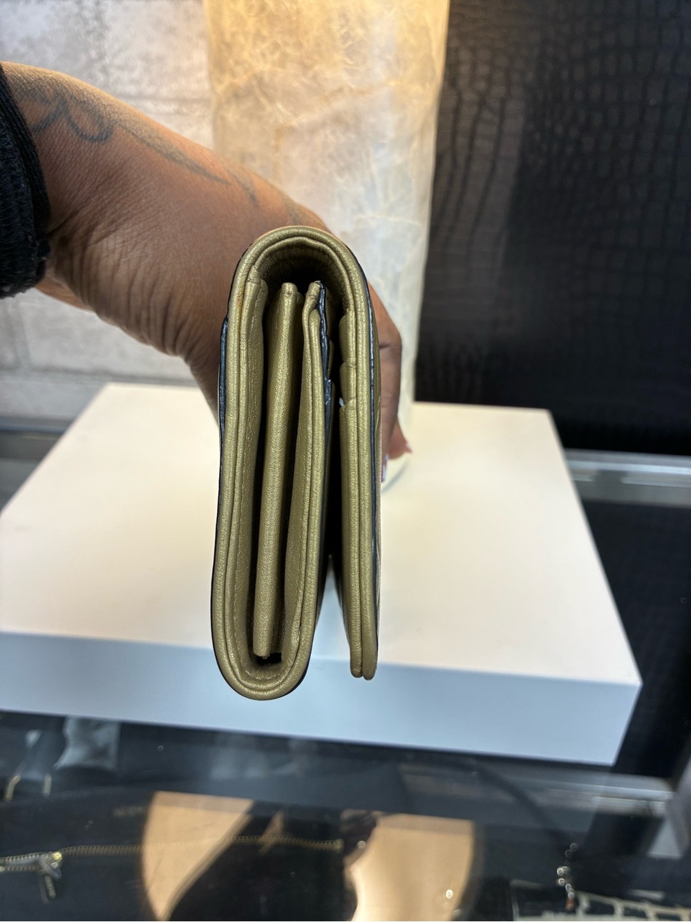L.A.M.B Gold Embossed Leather Clutch with Black & White Stripe - Picture 7 of 8